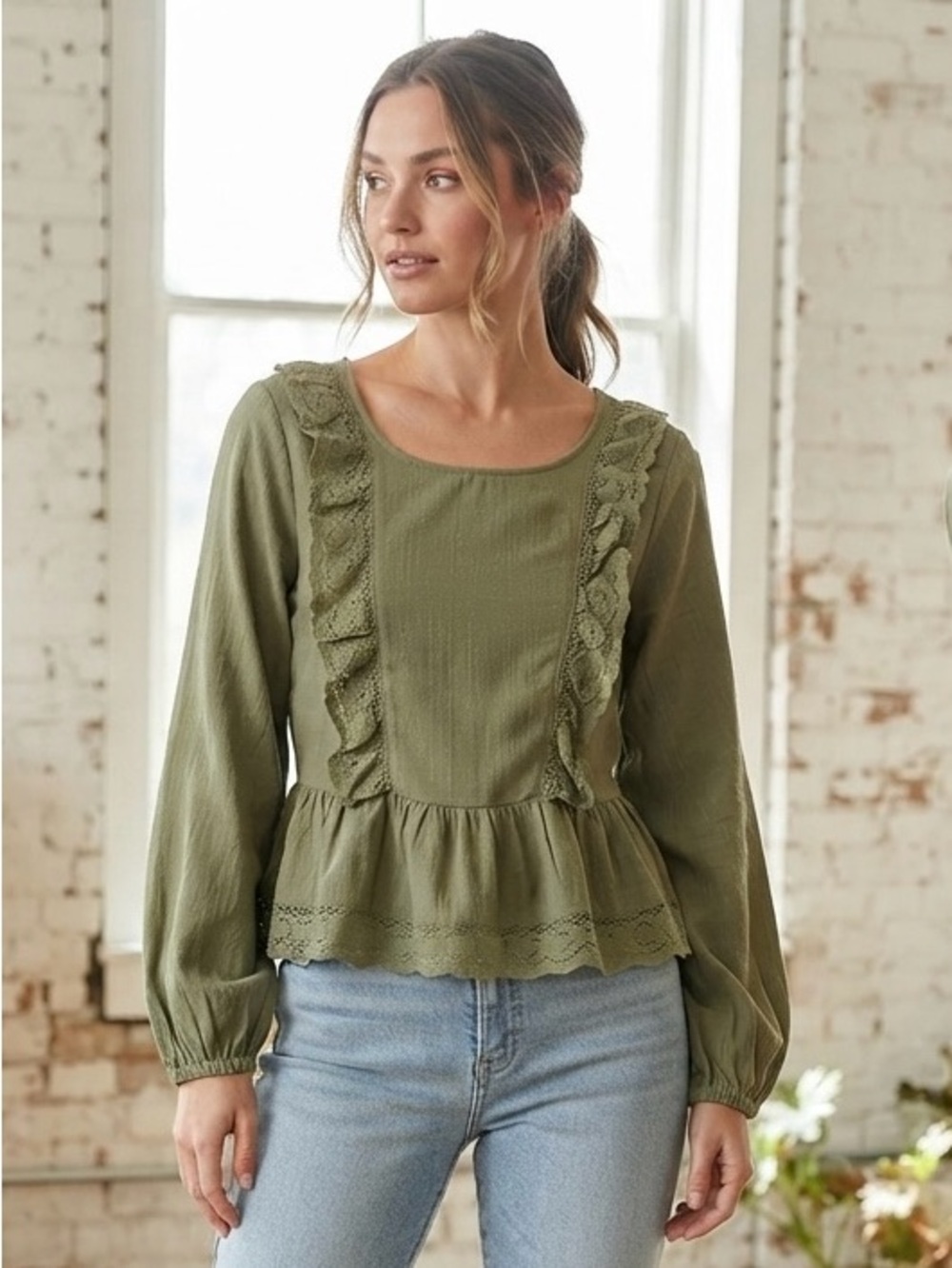 Umgee Olive Green Ruffle Lace Trim Peplum Blouse - Size L - NWT Linen Blend